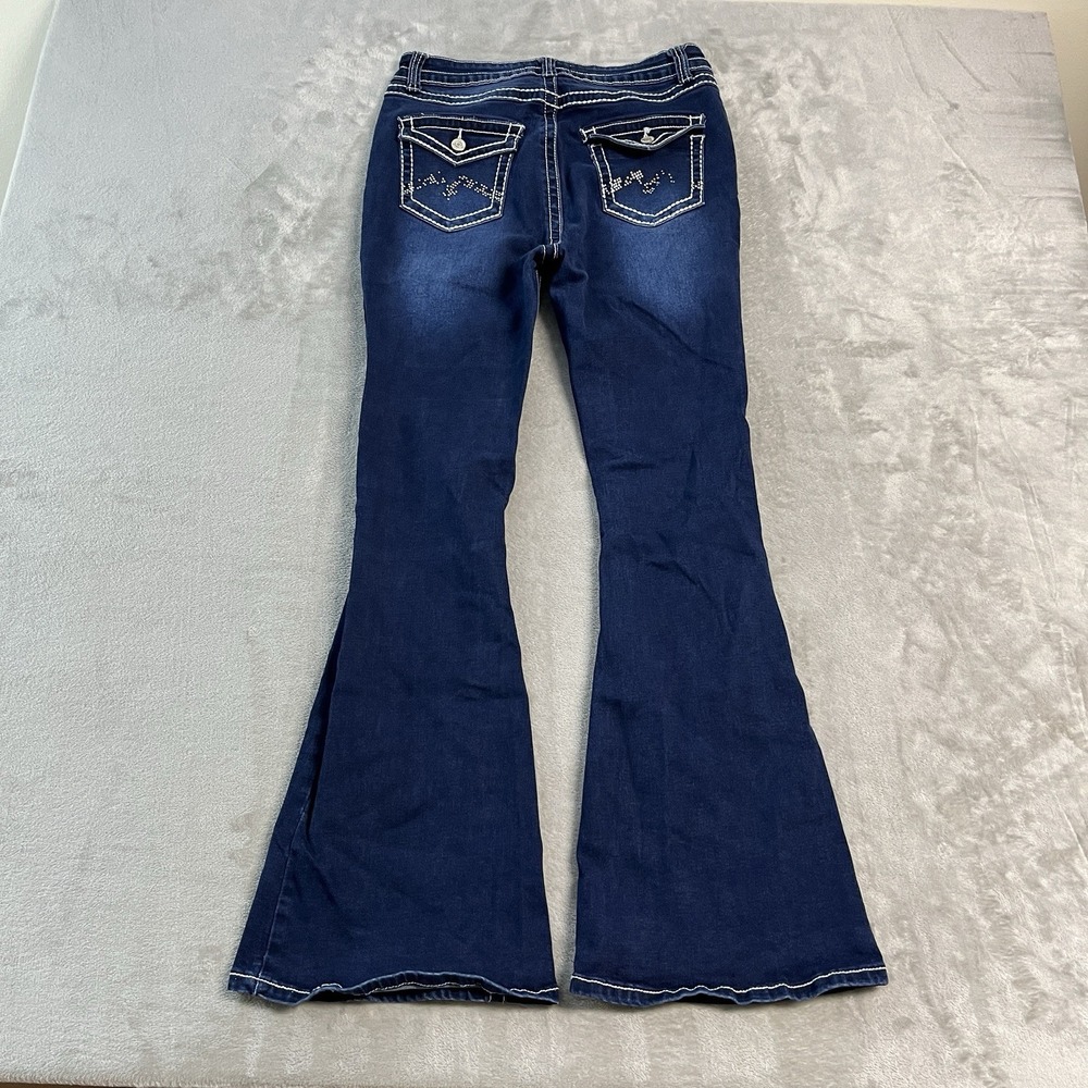 Bamboo Jeans Women's 13 Dark Wash Flare Bell Bottom Jeans Rhinestone Y2K Stretch
